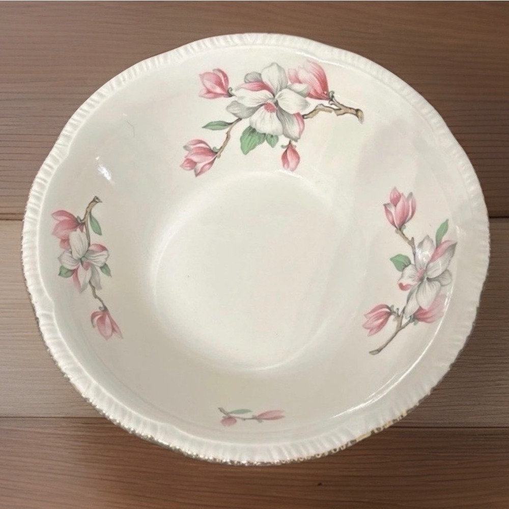 Homer Laughlin Scalloped Edge Serving Bowl Magnolia Floral Gold Trim 1954 MCM
